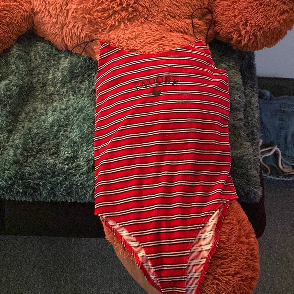 forever 21 “pandore” bodysuit strips red black and white